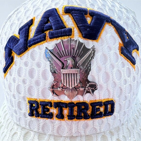 U S Navy Retired 3D Embroidered White Mesh Strapback Baseball Cap Hat New - Picture 2 of 7